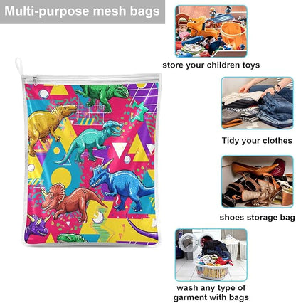 Mesh Laundry Bags Lingerie Bags for Washing Delicates 2 PCS Durable Wash Bag with Zipper Small and Medium Washable Bright Colorful Geometric Dinosaurs