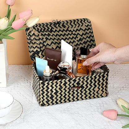 Hipiwe X-small Wicker Basket with Lid Natural Seagrass Storage Baskets Box Handwoven Household Organizer Box Multipurpose Woven Storage Basket for Shelf Closet,Black