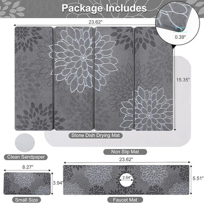 3 PCS Large Stone Dish Drying Mat for Kitchen Counter, Quick Dry Stone Dishes Mats Cup Coasters, Sink Faucet Mat, Water Absorbing Diatomaceous Earth Drying Pad for Countertop Tableware, Bottles