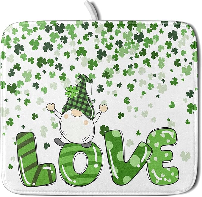 St Patrick's Day Gnomes Love Dish Drying Mat for Kitchen Counter,Green Shamrock Clovers Drying Mat 16 x 18 Inch with High Absorbent Microfiber Drainer Mat for Coffee Bar
