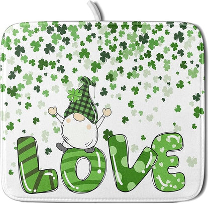 St Patrick's Day Gnomes Love Dish Drying Mat for Kitchen Counter,Green Shamrock Clovers Drying Mat 16 x 18 Inch with High Absorbent Microfiber Drainer Mat for Coffee Bar