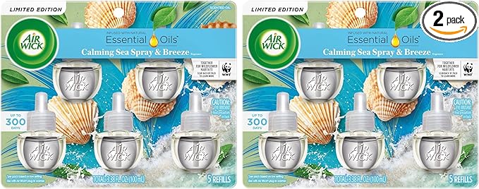 Air Wick Plug in Scented Oil Refill, 5ct, Calming Sea Spray & Breeze, Air Freshener, Essential Oils (Pack of 2)
