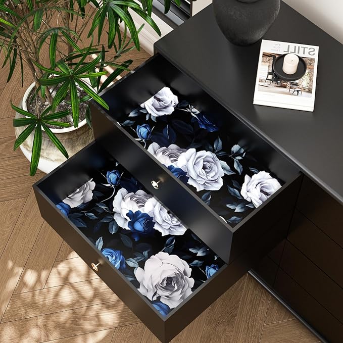 Black Foral Wallpaper Peel and Stick Dark Blue White Rose Contact Paper, Self-Adhesive Removable Vintage Flower Wall Paper for Bedroom Countertop Desk Cabinets Decor 17.4" x 118" Renter Friendly