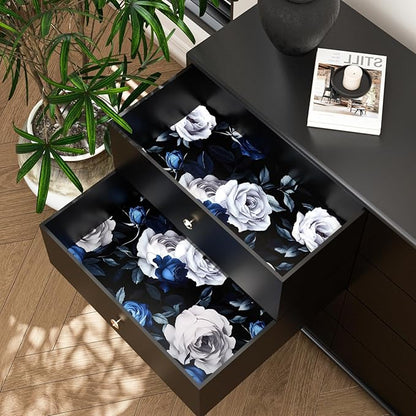 Black Foral Wallpaper Peel and Stick Dark Blue White Rose Contact Paper, Self-Adhesive Removable Vintage Flower Wall Paper for Bedroom Countertop Desk Cabinets Decor 17.4" x 118" Renter Friendly