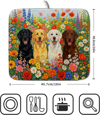 Flower Dog Dish Drying Mat Spring Floral Microfiber Absorbent Dish Drying Pad for Kitchen Counter