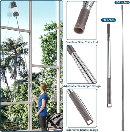 Microfiber Duster, 4PCS with Extension Pole(Stainless Steel) 30 to 100 Inches, Reusable Bendable Dusters, Washable Lightweight Dusters for Cleaning Ceiling Fan, High Ceiling, Blinds, Furniture, Cars