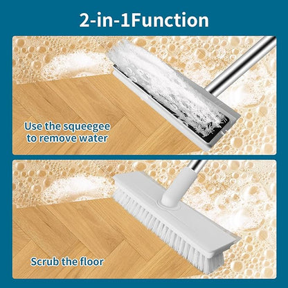 Floor Scrub Brush with Long Handle, 2 in 1 Scrape Brush Stiff Bristle Floor Scrubber for Cleaning Shower Bathroom Garage Kitchen Wall Deck Tub Tile, White