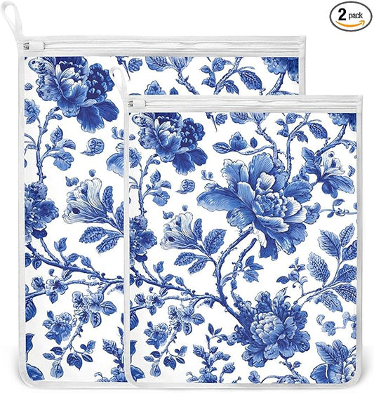 Mesh Laundry Bags Lingerie Bags for Washing Delicates 2 PCS Durable Wash Bag with Zipper Small and Medium Washable Blue and White Flowers Leaves