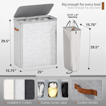 Sorbus Laundry Hamper with Lid - Collapsible 3-Compartment Fabric Laundry Basket with Handles and Removable Laundry Bag – 50 Gallon (190 L) Dirty Clothes Hamper for Bedroom, bathroom and dorm (Gray)