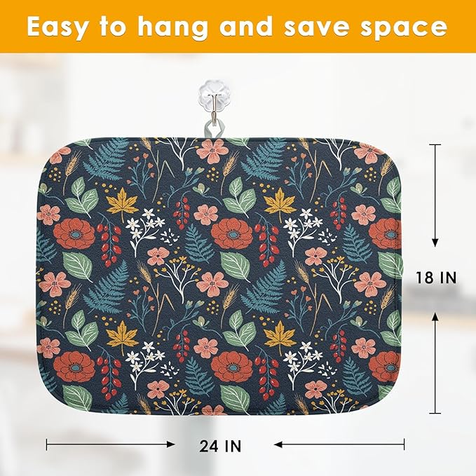 Sanwarm Absorbent Dish Drying Mat, All Lace Colorful Flowers Ornaments Microfiber Pad for Kitchen Counter, Coffee Bar Decor, Heat Resistant and Reversible, 18" x 24"