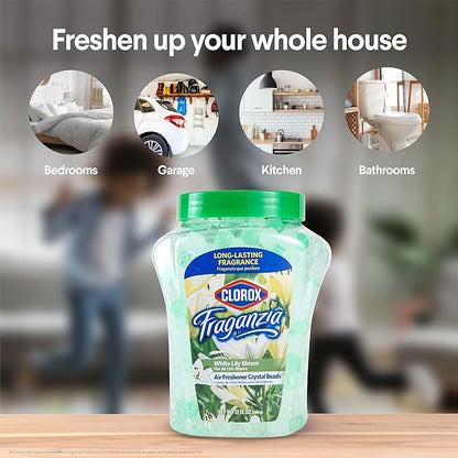 Clorox Fraganzia Crystal Beads Air Freshener, Long Lasting Room Deodorizer and Odor Eliminator Gel Beads to Freshen Home, Car, or Office, White Lily Bloom Scent, 12 Fl Oz