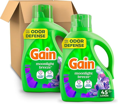 Gain Liquid Laundry Detergent with Odor Defense, Moonlight Breeze Scent, Liquid Detergent And Laundry Soap For HE Washing Machines, 60 fl oz, Pack of 2 (Packaging May Vary)