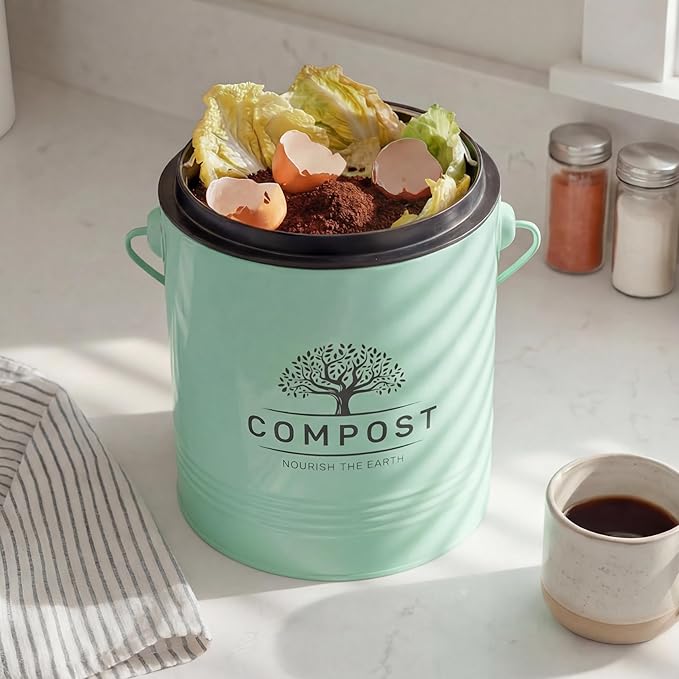 Perfnique Kitchen Compost Bin, 1.3 Gallon Countertop Compost Bin with Lid, Indoor Compost Bucket Includes Inner Bucket Liner and Carbon Filter, Small Compost Bin with Trash Bags (with Bags, Mint)