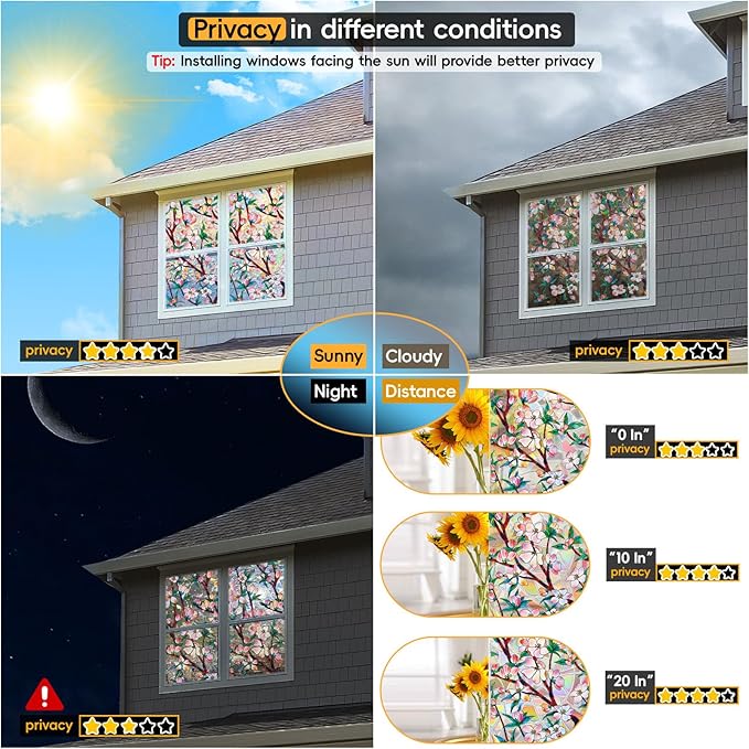 Rainbow Window Privacy Film Decorative Window Sticker, 3D Static Stained Glass Cling Tint for Home Heat Control Non-Adhesive, 23.6 x 78.7 inches