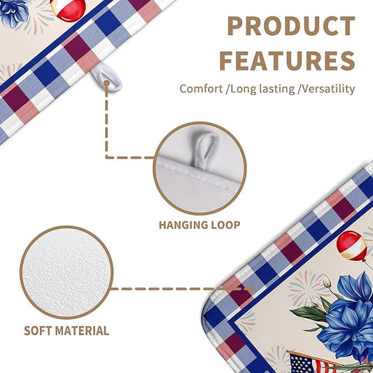 Patriotic Floral Dish Drying Mats 4th of July Flowers Dish Mat Blue Red Firework Drying Matt Dishes Dryer Pad for Kitchen Counter Absorbent Microfiber Washable Foldable Reusable 18x24 in