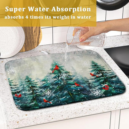Pine Tree Dish Drying Mat for Kitchen Countertop Red Bird Dishes Mats Winter Decorative Absorbent Reversible Drainer Rack Pad 16x18 Inch