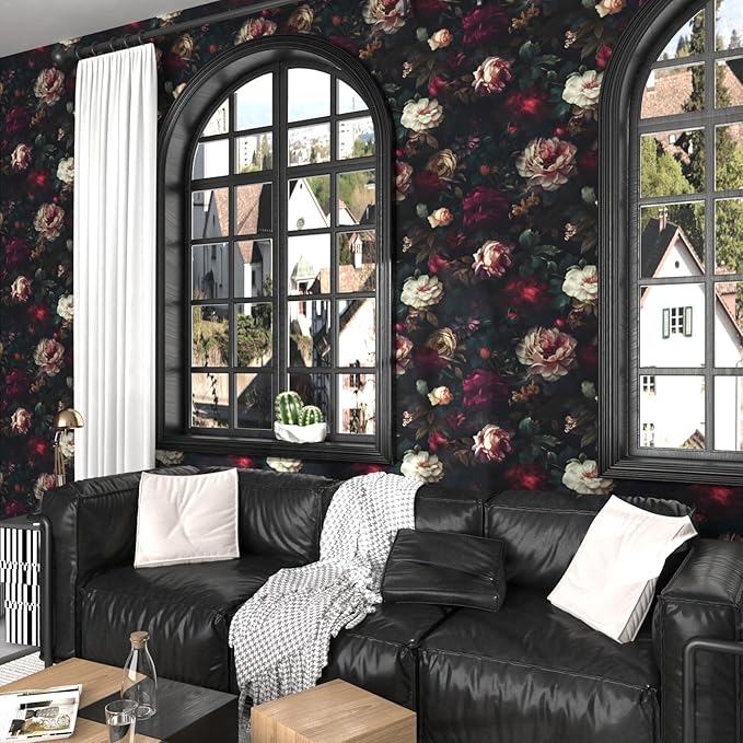 Fvlow Vintage Black Floral Wallpaper 17.4" x 197", Moody Dark Red Flower Print Contact Paper Waterproof Vinyl Covering for Bathroom Countertop Cabinets, Witchy Abstract Art Home Decor Maroon