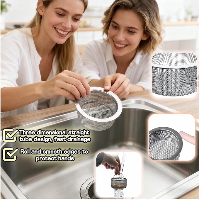 3" Kitchen Sink Strainer, 2-Pack Fine Mesh Basket - Catches Food Waste, Hair & Prevents Clogs, Rust-Proof Stainless Steel, Fits Standard Drain
