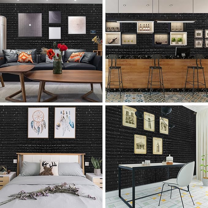 YU LI 3DH 3D Wall Panels Peel and Stick 11PCS Black Foam Brick Wallpaper for Bedroom Faux Stone Wall Panel Self-Adhesive Wallpaper (11PCS-10.65 Sq Ft, Black)