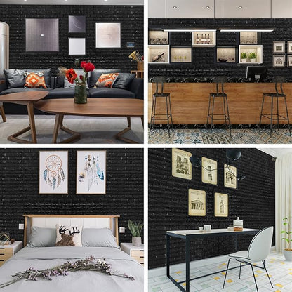 YU LI 3DH 3D Wall Panels Peel and Stick 30PCS Black Foam Brick Wallpaper for Bedroom Faux Stone Wall Panel Self-Adhesive Wallpaper (30PCS-29 Sq Ft, Black)