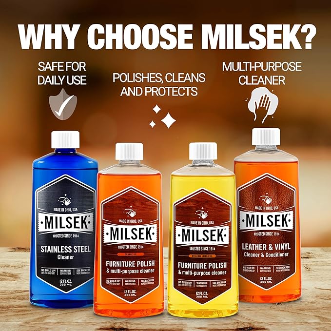 Milsek Furniture Polish Variety Pack: Lemon Oil, Orange Oil, Stainless Steel Cleaner, and Leather Cleaner - 4-Pk, 12 fl oz