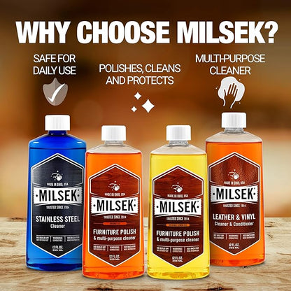 Milsek Furniture Polish Variety Pack: Lemon Oil, Orange Oil, Stainless Steel Cleaner, and Leather Cleaner - 4-Pk, 12 fl oz