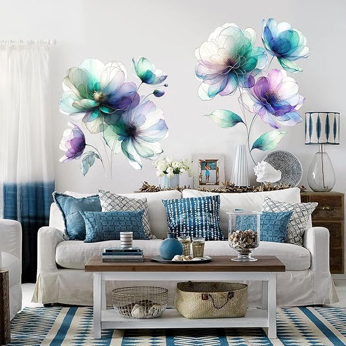 Boho Flower Wall Stickers Wildflower Floral Grass Peel and Stick Wall Stickers Living Room Bedroom Nursery Wall Decor (Blue)