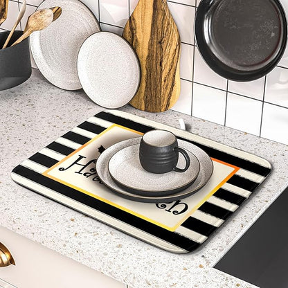 Happy Halloween Bats Dish Drying Mat for Kitchen Counter,Black and White Stripe Drying Mat 16 x 18 Inch with High Absorbent Microfiber Dish Drying Pad Dish Rack Pad Drainer Mat for Coffee Bar