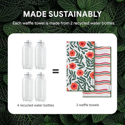 RECYCO Waffle Kitchen Towel Set of 2 - Quick Dry Microfiber Sustainable Dish Towels - Ultra Absorbent Reusable Cleaning Tea Towels - Lightweight Hand Towels,16”x 28”, Poppy Waves