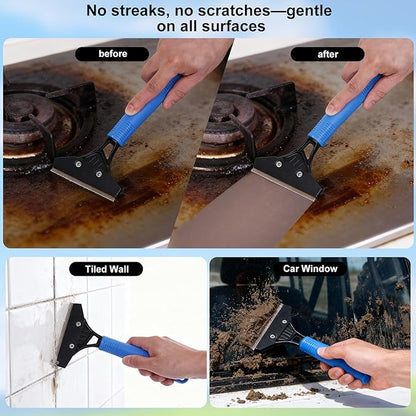 3-in-1 Professional Window Squeegee Kit with 2 Squeegee, 2 Microfiber Scrubber, 1 Razor Scraper, Thick Iron, 48.8" Window Squeegee with Extension Pole for Car, Glass, Mirror, Wall, Bathroom, Home, Van