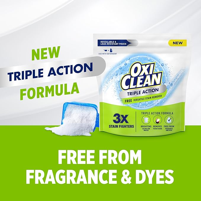 OxiClean Triple Action Free Versatile Stain Remover Powder, Use with Detergent, No Fragrance, No Dyes, No Chlorine, Removes Stains, Brightens Colors and Whites, 4 lbs