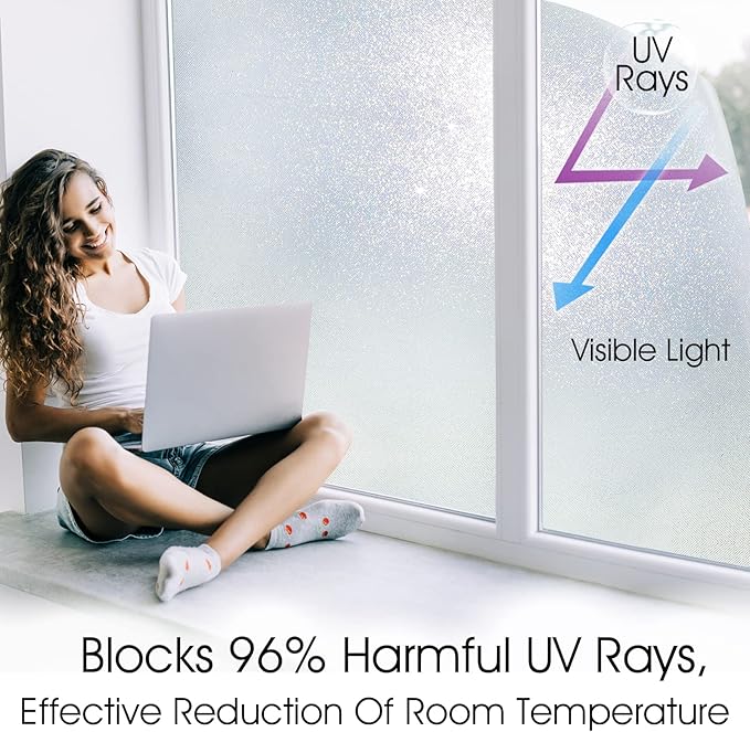 KESPEN Frosted Window Privacy Film Heat Control UV Sun Blocking Glass Stickers Static Cling Non Adhesive Door Coverings Decals for Bathroom Home Office, Sparkling, 29.5 Inch X 13.1 Feet