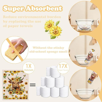 Swedish Dishcloths for Kitchen, 6 Pack Sunflower Highland Cow Swedish Dish Cloths for Washing Dishes, Reusable Washable Absorbent Dish Towels for Home Kitchen Cleaning Quick Drying