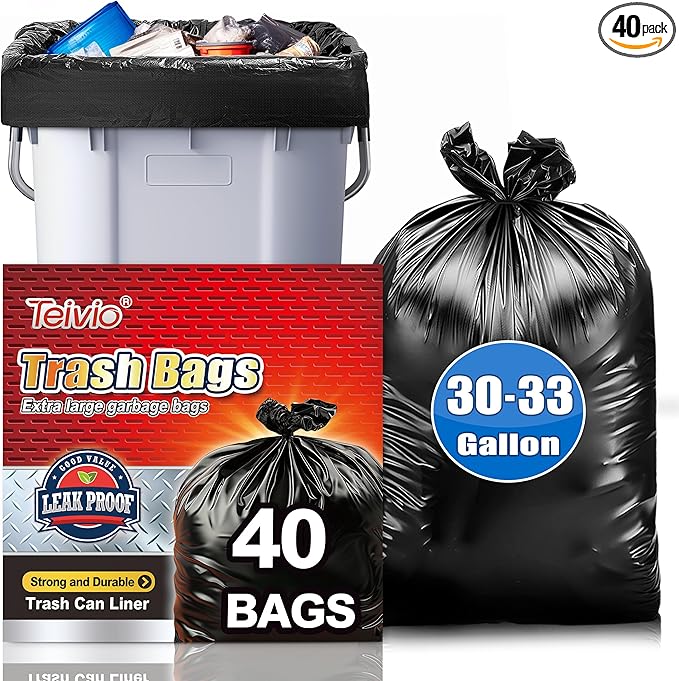 Large Black Trash Bags 30-33 Gallon 40 Counts All Purpose 30+ 32 Gal Garbage Bags by Teivio, Trash Can Liners for Home, Kitchen, Office, Light Residential or Commercial Waste, Outdoor Lawn and Leaf