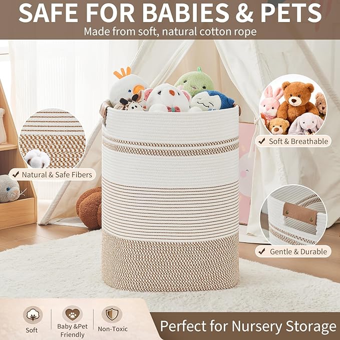 Laundry Basket with Handles - Blanket Basket & Hampers for Bedroom Aesthetic, Laundry Hamper & Blanket Storage for Living Room, Clothes Hamper, Tall, Large 17" x 14" x 22”, Brown & White