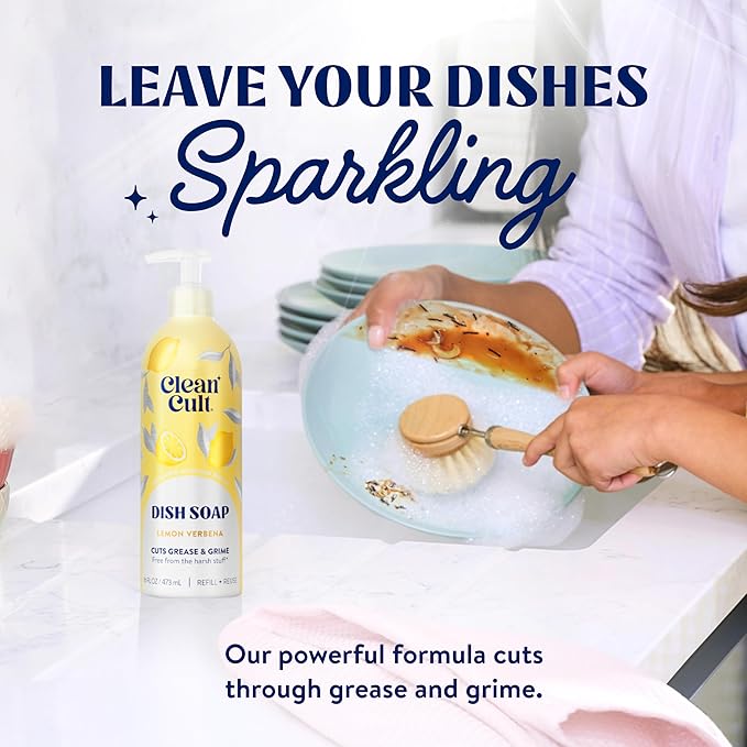 Cleancult - Lemon Verbena - Liquid Dish Soap - Refillable Aluminum Bottle - Dish Soap that Cuts Grease & Grime - 16 oz - 1 Pack