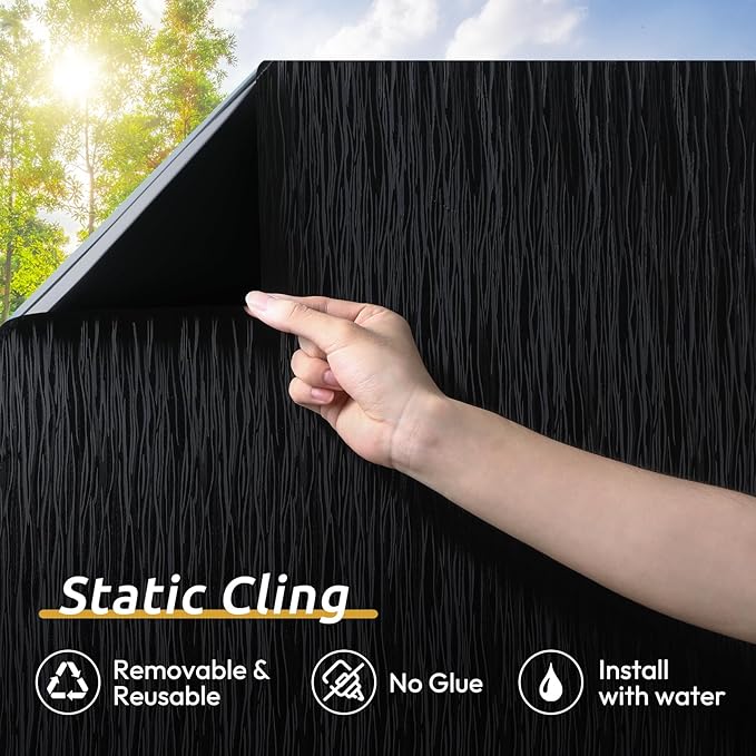 rabbitgoo Blackout Window Film, Sun Light Blocking Window Black Out Cover for UV Reduction, Removable Tint Room Darken Heat Control Frosted Glass Sticker for Home, Black, 23.6 x 78.7 Inches