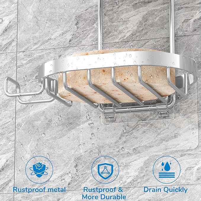 MASADI 3 Tier Soap Dish Holder, Soap Bar Holder with Hooks, Shampoo Bar Caddy for Shower Wall, Razor Holder for Shower, Bar Soap Container 304 Stainless Steel, Bathroom(Silver)