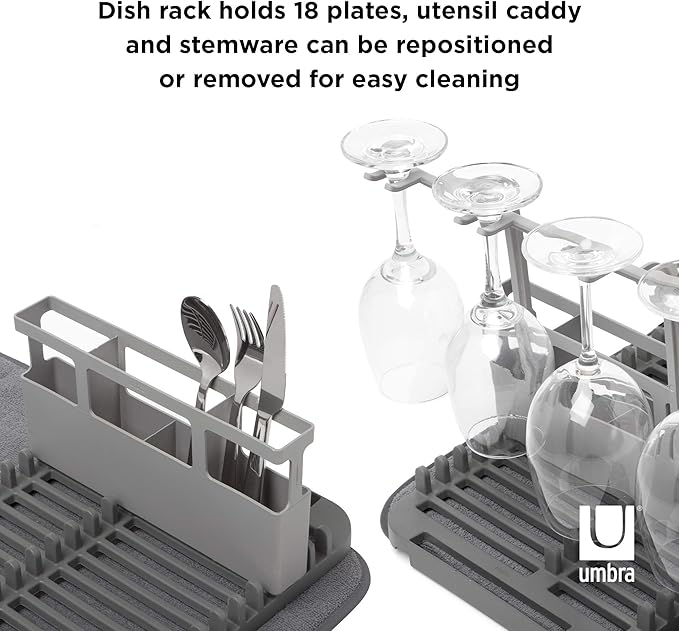 Umbra Udry Dish Rack and Microfiber Drying Mat – Space-Saving Design Folds Up for Easy Storage, Rack with Caddy, Gray