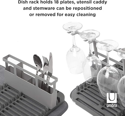 Umbra Udry Dish Rack and Microfiber Drying Mat – Space-Saving Design Folds Up for Easy Storage, Rack with Caddy, Gray