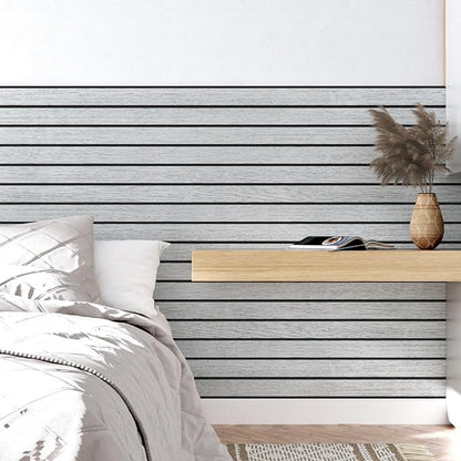 Wallercity Gray/White Wood Slat Wall Panel for Walls Self Adhesive Noise Cancelling Wood Panels for Bedroom Living Room Peel and Stick Acoustic Decorative 3D Sound Absorbing Wall Paneling 11.7''x118''