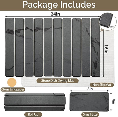 Large Stone Dish Drying Mat for Kitchen Counter, 2PCS Quick Dry Stone Dishes Mat,Foldable Water Absorbing Diatomaceous Drying Organizer Pad for Plates Rack Bottles Utensils(Dark Gray 24"×16" & 8"x4")