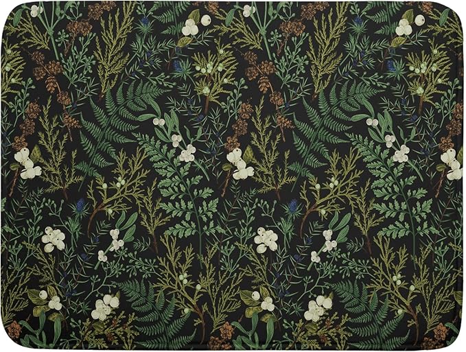 Black Sage Green Plant Dish Drying Pad 18 x 24 Inch with Absorbent Reversible Microfiber Vintage Botanical Fern Leaves Floral Drying Mats For Kitchen Counter Dining Room Decoration
