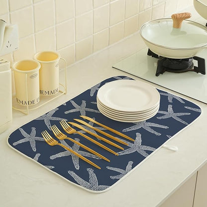 Navy Blue Starfish Coastal Dish Drying Mats 18x24 Inch Coastal Nautical Summer Decorative Drying Mats Beach Ocean Outdoor Decor Coffee Bar Mat for Kitchen Dining Room