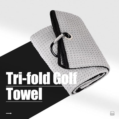 Mile High Life Tri-fold Golf Towel | 16" X 24" | Premium Microfiber Fabric | Waffle Pattern | with Heavy Duty Carabiner Clip | for Men and Women (Gray)