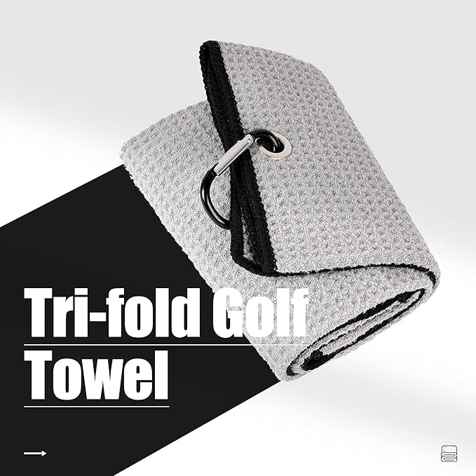 Mile High Life 2 Pack Gray Microfiber Tri-Fold Golf Towels with Carabiner Clip, 16x21in, Water Absorbent, Easy to Wash and Carry