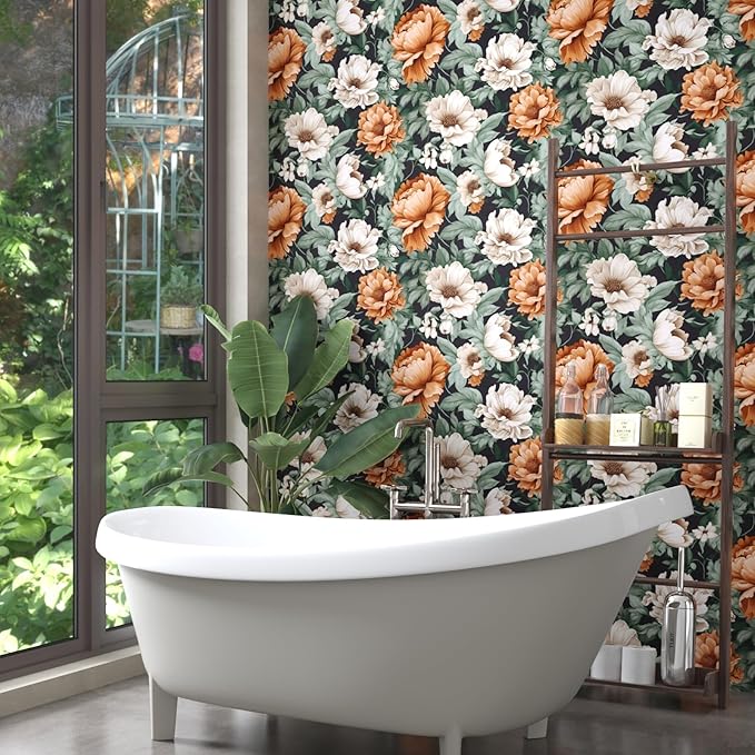Floral Wallpaper Peel and Stick, Vintage Large Blooming Flowers Contact Paper 17.5" x 118", Retro Wall Paper Self Adhesive Removable Waterproof for Room Walls Shelves Cabinet Table (Orange, Green)