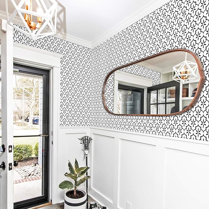 GloryTik Geometry Black/White Textured Wallpaper 17.7x393.7in, Removable Modern Trellis Decorative Contact Paper for Cabinets, Kitchen, Bathroom Walls