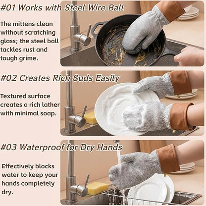 Dishwashing Gloves Non-Scratch Nylon Cleaning Mittens Stainless Steel Wire Balls Hanging Strap for Kitchen Housework