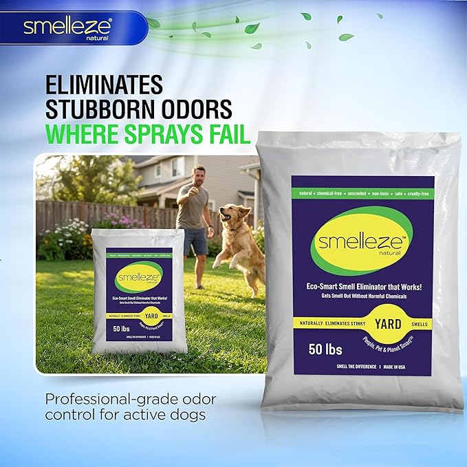 SMELLEZE 50 lb. Yard Odor Eliminator for Dogs – Long-Lasting Turf Cleaner for Pet Urine Outdoor & Poop | Safe for People, Pets, Plants & Planet | Works on Grass, Gravel, Patios & Kennels